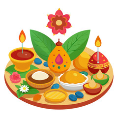 Diwali puja thali with diya lamps sweets flowers and holy offerings