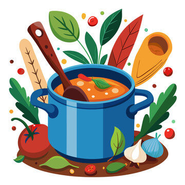 Hearty homemade soup in a blue pot with fresh ingredients and herbs