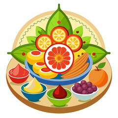 Vibrant assortment of fresh fruits and sauces in a circular arrangement