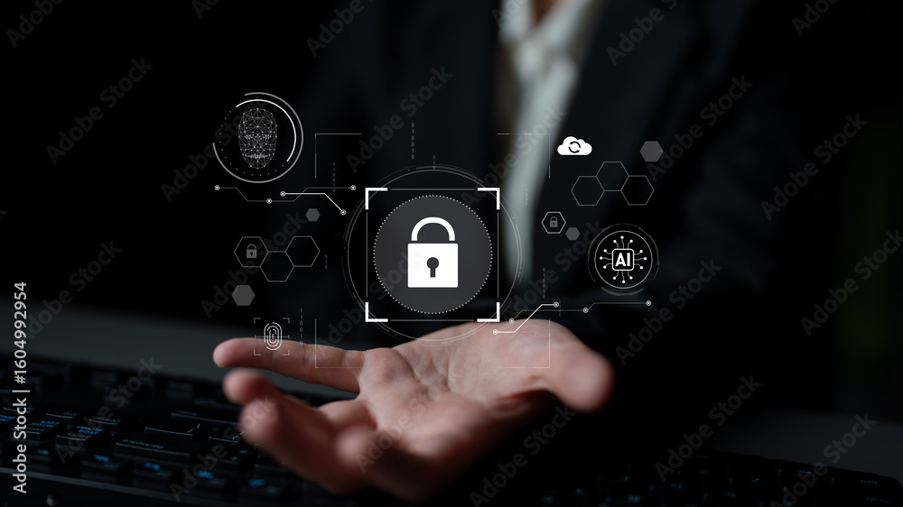 Poster ai cyber security system using biometric authentication and privacy control. cyber security protects