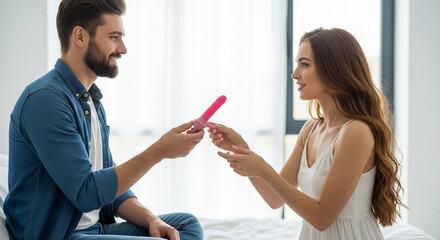 Man giving dildo to woman with sexy body. Close-up of girl in lingerie holding sex toy