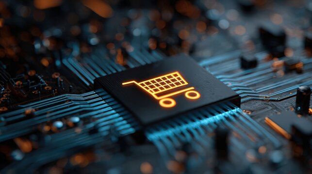 Abstract digital background featuring a hologram shopping cart icon on a circuit board, symbolizing online shopping and e-commerce in a blue and orange color scheme.