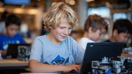 A child explores digital curiosity in a STEM workshop, engaging with classmates in robot-building and idea-sharing.