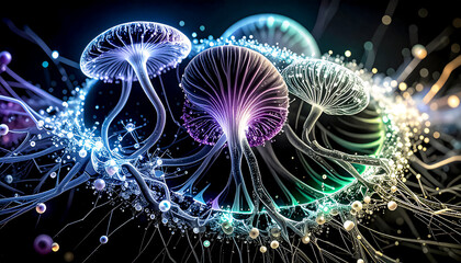 Complex connections of hallucinogenic mushroom mycelium intertwined with neural networks, with glowing lines and nodes in shades of blue, purple and neon green in a flow of signals and substances