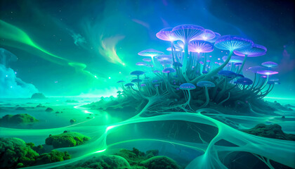 Complex connections of hallucinogenic mushroom mycelium intertwined with neural networks, with glowing lines and nodes in shades of blue, purple and neon green in a flow of signals and substances