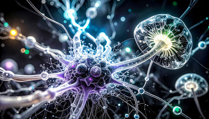 Complex connections of hallucinogenic mushroom mycelium intertwined with neural networks, with glowing lines and nodes in shades of blue, purple and neon green in a flow of signals and substances