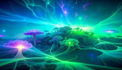 Complex connections of hallucinogenic mushroom mycelium intertwined with neural networks, with glowing lines and nodes in shades of blue, purple and neon green in a flow of signals and substances