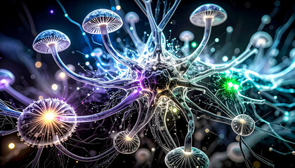 Complex connections of hallucinogenic mushroom mycelium intertwined with neural networks, with glowing lines and nodes in shades of blue, purple and neon green in a flow of signals and substances