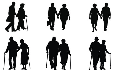 Elderly couple or grandparents walking together in silhouette. They are holding a stick in hand. The couple is facing each other, and the man is holding a cane. vector silhouette.