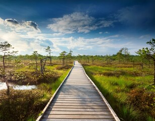 Obraz premium wooden road on swamp in summer
