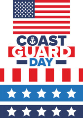 U.S. Coast Guard Day in United States. Federal holiday, celebrated annual in August 4. Sea style. Design with anchor and shield. Patriotic element. Poster, greeting card, banner and background