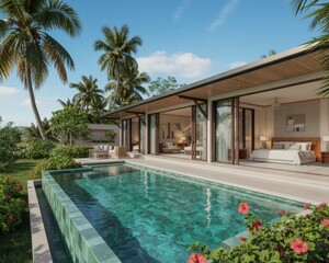 Fototapeta premium Luxurious villa with private pool and tropical surroundings modern architecture and serene vacation lifestyle
