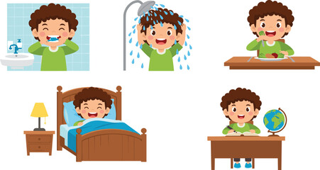 Cartoon child performing daily activities including brushing teeth, showering, eating, sleeping, and studying, vector illustration isolated on white background