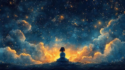 Child contemplates starry night sky