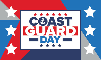 U.S. Coast Guard Day in United States. Federal holiday, celebrated annual in August 4. Sea style. Design with anchor and shield. Patriotic element. Poster, greeting card, banner and background