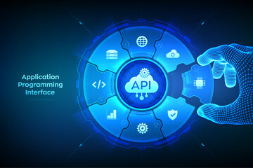API. Application Programming Interface. Software development tool, cloud computing technology concept. Wireframe hand places an element into a composition visualizing API. Vector illustration.