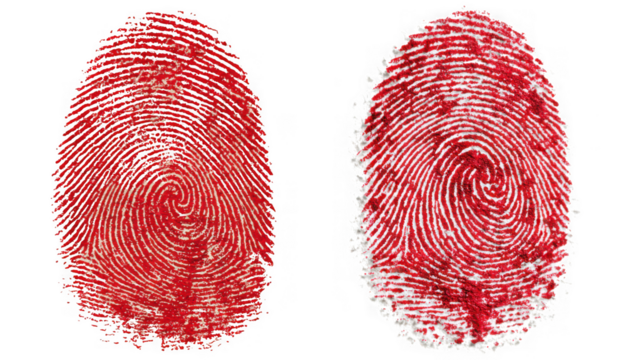 Two textured red fingerprints isolated on a transparent background representing identity