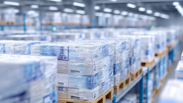 Illustration of cold storage logistics with organized, plastic-wrapped boxes, temperature sensors, and a sterile environment.