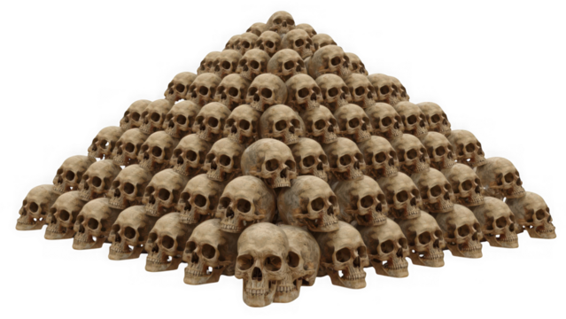 Large pyramid constructed from numerous human skulls on transparent background
