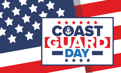 U.S. Coast Guard Day in United States. Federal holiday, celebrated annual in August 4. Sea style. Design with anchor and shield. Patriotic element. Poster, greeting card, banner and background