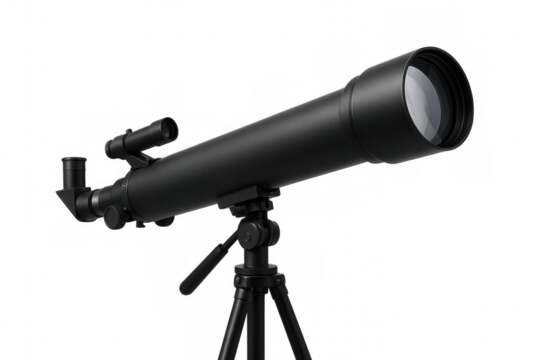 Black telescope pointing upward, ready for astronomical observation, with transparent background for easy integration into projects