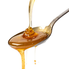 Honey being poured onto a spoon dripping down in thick golden streams isolated on transparent background