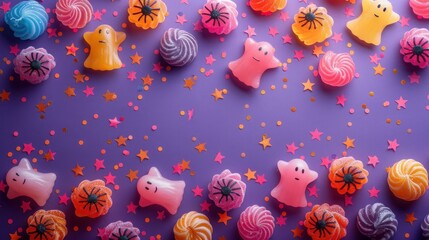 Halloween candy flatlay with cute ghost faces and star shapes – purple background. AI generative model
