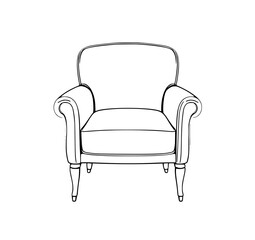 Armchair Elegance: A classic line art illustration depicting a comfortable armchair with rolled arms, curved back, and turned legs, exuding timeless sophistication.