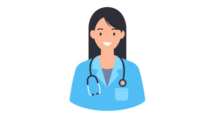 Fototapeta premium Smiling female doctor avatar wearing a light blue lab coat and stethoscope.