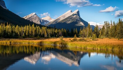 vermilion lakes banff national park alberta canada reflections on the surface of the water mountains and forest background wallpaper postcards