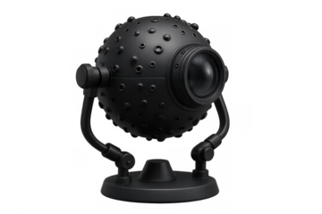 Black spherical security camera mounting multiple lenses, positioned on sturdy tripod against transparent background