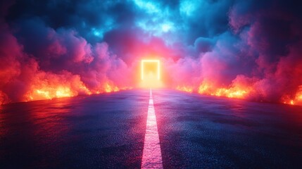 Neon road to glowing portal