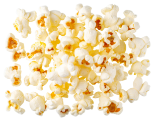 A - Scattered Popcorn with Salt and Butter Droplets, Top-Down View, Transparent Background.
