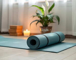 Relaxing home yoga setting with rolled mat candle plant and yoga blocks for meditation and fitness