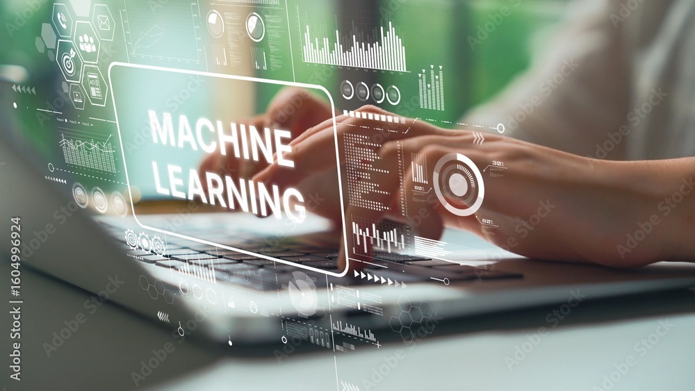 Poster innovative technology concept featuring machine learning and data analysis with hands on laptop keyb