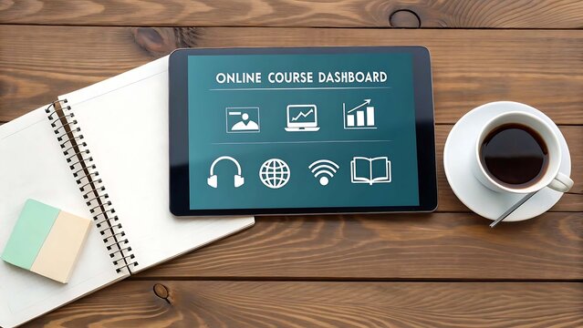 Online course dashboard on tablet with coffee and notebook for digital learning.
