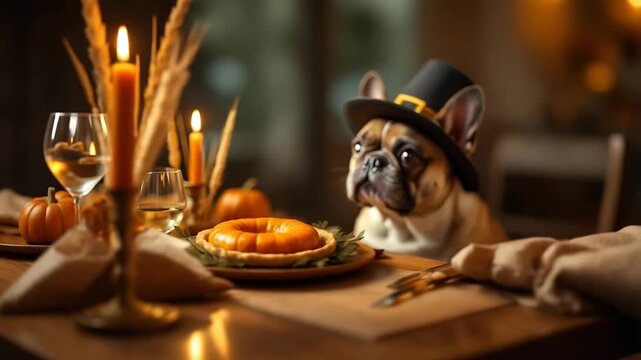 Dressed bulldog celebrates thanksgiving feast with candlelit pumpkin pie.