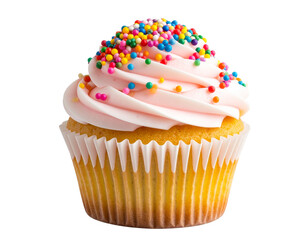A - Single Pink Cupcake with Rainbow Sprinkles and Swirled Frosting, Front View, Transparent Background