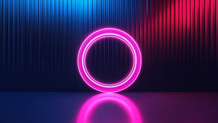 Glowing Pink Neon Circle: Abstract Cyberpunk Background with Blue and Red Light Reflection