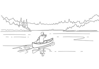 Fototapeta premium Solitary Canoe Journey on a Serene Forest Lake – Hand-Drawn Black and White Sketch