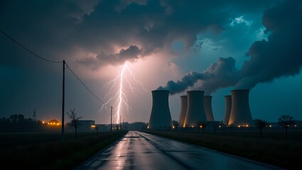 Nuclear power plant with lightning storm