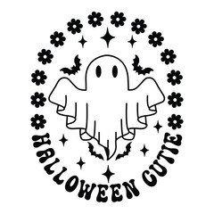 Halloween Cutie Ghost with Flowers and Bats Circular Design