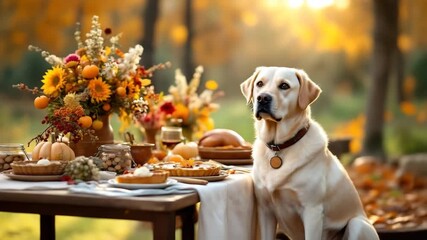 Autumn picnic: labrador enjoys table of seasonal treats in vibrant fall setting. - Powered by Adobe