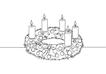 Fototapeta premium Traditional Advent Wreath with Five Lit Candles – Festive Christmas Symbol of Hope and Celebration