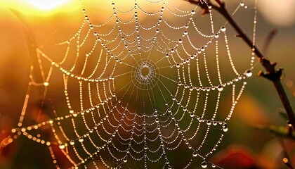 A spider web is covered in dew drops, creating a beautiful and serene scene. The spider web is a symbol of the delicate balance of nature and the interconnectedness of all living things