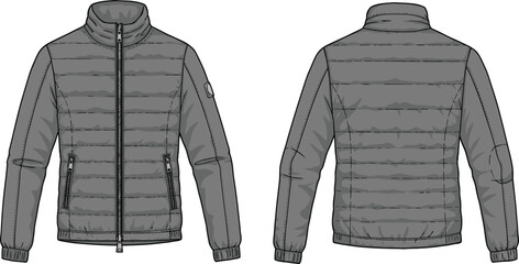 Technical fashion flat sketch of a men's stylish padded puffer jacket with a full-zip front, stand-up collar, and side zip pockets, ideal for winter outerwear design.