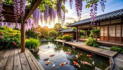 Fototapeta premium Koi glide in a Japanese garden pond