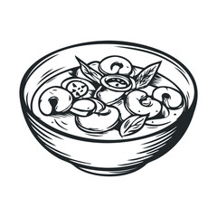 Black and white illustration of a salad bowl with mushrooms and vegetables