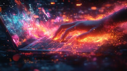 Fiery hand typing on laptop