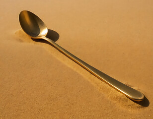 Elegant gold spoon resting on textured sand surface capturing attention